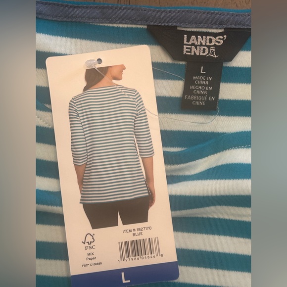 Land's End blue white nautical preppy 3/4 Sleeve Boat Neck Pima Cotton top NWT L - Picture 7 of 8